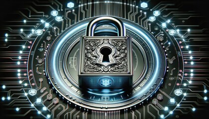A highly detailed image of a vintage padlock superimposed on a futuristic digital circuit board, symbolizing the convergence of traditional security with modern cybersecurity measures. - obrazy, fototapety, plakaty