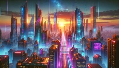A breathtaking futuristic cityscape at dawn, with neon lights and towering skyscrapers, portrays a high-tech metropolis pulsating with energy and advanced technology.