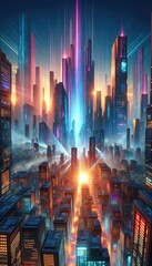 a futuristic cityscape at dusk, illuminated by radiant neon lights and beams soaring upwards towards the sky, symbolizing technological advancement and a high-tech urban environment.