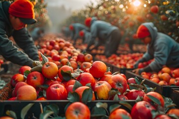 Day laborers picking apples at autumn harvest time in orchard