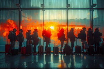 Group of diverse traveling people standing and goes with luggage bags in the terminal of airport, travel and tourism concept. Romantic of Airport, nomad lifestyle, expat life concept. - obrazy, fototapety, plakaty