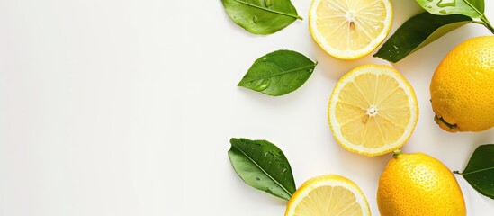 Lemon slices and a leaf isolated on a white background with space for text. Flat lay view from above