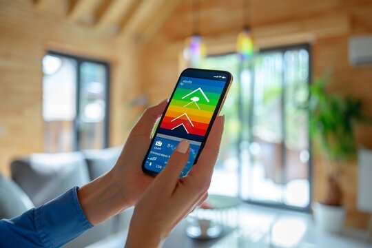 Energy efficiency concept. Person use smartphone with virtual screen of energy efficiency rating for energy efficient house building rate label audit
