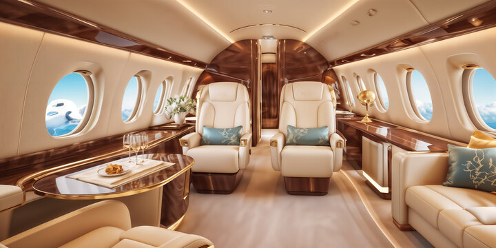 interior of a luxurious airplane with cream and blue colors, leather seats, tables, and windows.