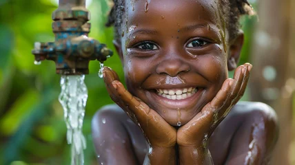 Fotobehang Happy african child drinking water from faucet, Environmental awareness © Yuwarin