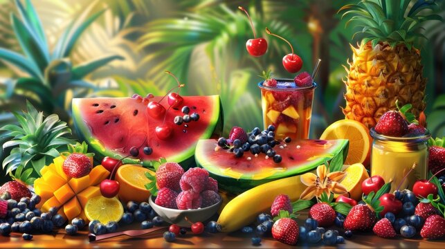 images of various tropical fruits, bright colors, fresh AI generated images.