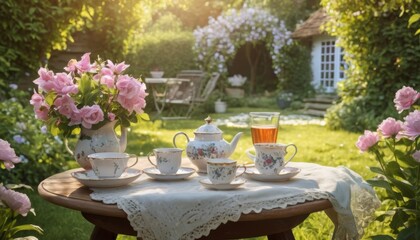 Fototapeta na wymiar An elegant tea set with floral patterns sits on a round wooden table, ready for a relaxing afternoon. Sunlight filters through the lush garden, enhancing the tranquil setting. AI generation