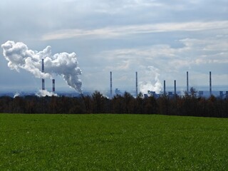 lines in the field, factory, coal power station, nuclear power station