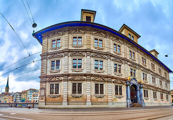 Facade of Zurich Town Hall on Limmatquai emabankment, Zurich, Switzerland
