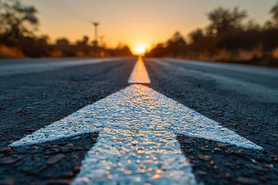 Endless asphalt, onward arrow: Motivation, progress, growth, forward stride symbolized in distance.