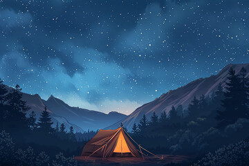 Tourist tent at night in a mountain gorge under the starry sky.