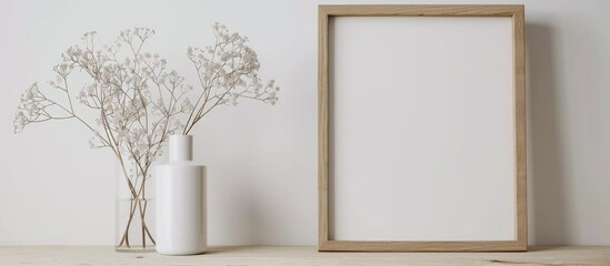 Mockup of a wooden frame in a landscape orientation, featuring space to display artwork, photos, or prints. The setup includes a white wall backdrop and a vase adorned with dried gypsophila flowers.