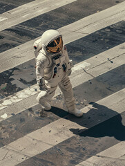 astronout is walking on the crosswalk like Beatles iconic photo - obrazy, fototapety, plakaty