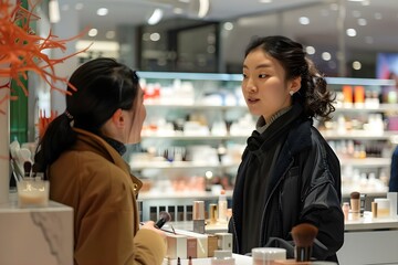 Customer receiving makeup consultation from cosmetician at department store beauty counter. Concept Makeup Consultation, Cosmetician Assistance, Department Store Beauty Counter, Customer Interaction