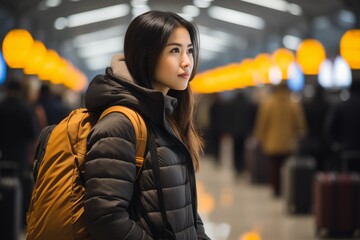 Portrait of Young asian woman in international airport terminal or modern train station. Passenger female walking on airport to departures tablo. - obrazy, fototapety, plakaty