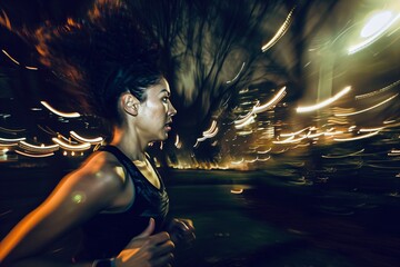Dynamic moving capture a Hispanic woman runner running in the park at night time blur slow sync flash style background.