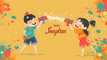 A young boy and girl engage in a playful game, laughing and running around with a toy gun in their hands, enjoying a carefree moment of fun and imagination