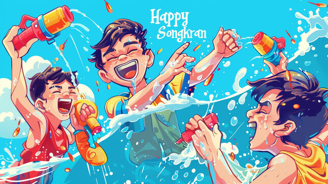 A joyful group of kids, their faces beaming with delight, splash around in the refreshing water, celebrating the happiness of the Songkran Festival