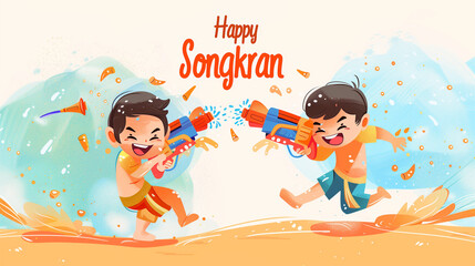 children playing with water guns in Songkran Festival