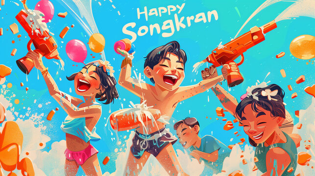 A group of children gleefully playing with water guns, laughing and splashing in the sunshine at the Songkran Festival