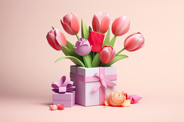 3D Mother's Day Card. Gift Box with Pink Tulip Flowers. Blank Copy Space for Text, Mockup for Mother's Day, Women's Day, Wedding, Anniversary Banners, and Greeting Cards.