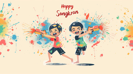 Two young children joyfully play with toy guns in their hands, embodying the spirit of joy and fun during the Songkran Festival celebration