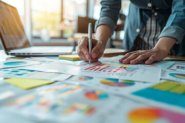 Business: Analyzing data, planning strategy, team collaboration, financial growth, marketing, consultation, profit-making presentation.