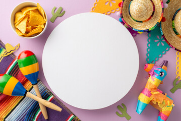 Cinco de Mayo composition. Top view snapshot featuring classic items: sombreros, pinata, maracas, cactus, striped serape, flag garland, nachos, all laid out on light purple background, circle for text