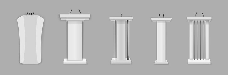 Tribune podium rostrum speech flat stand. Conference stage with microphone, press or debate speaker - obrazy, fototapety, plakaty