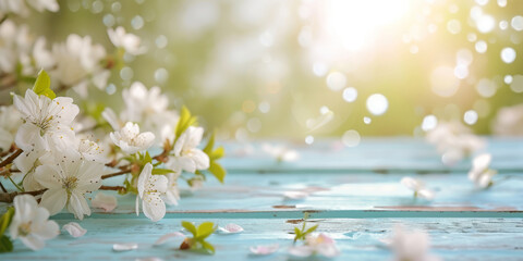 White spring blossoms spread across a rustic turquoise wooden table with a soft-focus sunlit...