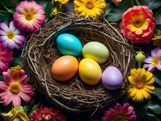 Fototapeta na wymiar Bird nest full of painted colorful easter eggs surrounded by beautiful flowers. Pasqua basket with painted eggs festive closeup photography illustration concept. Traditional holiday celebration.