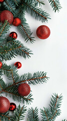 Naklejka na ściany i meble The background for the postcard. Below is a small image of fir branches with Christmas tree toys, balls