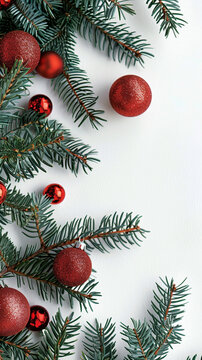 The background for the postcard. Below is a small image of fir branches with Christmas tree toys, balls