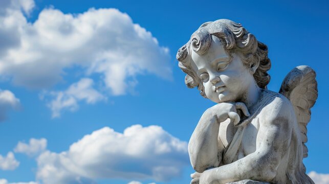 image of a statue of a small angel as a symbol of faith against a blue sky background.