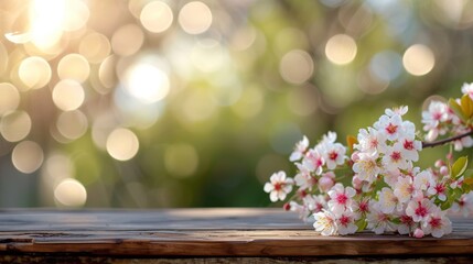 Fototapeta na wymiar Cherry blossoms scatter over weathered wooden boards, bathed in soft sunlight and surrounded by a dreamy bokeh backdrop