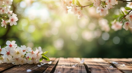 Cherry blossoms scatter over weathered wooden boards, bathed in soft sunlight and surrounded by a dreamy bokeh backdrop