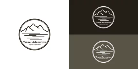 Fotobehang Mountain, Sea, and Sun illustration in retro stamp shape with classic black color isolated in multiple background colors. The logo is suitable for Hipster Adventure Traveling logo design inspiration. © Miftakhul