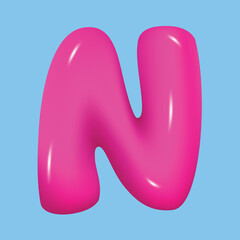 bubble font. glossy 3d pink super bubble font in plastic style. Alphabet font N. inflated balloon letters. trendy english type. realistic vector illustration