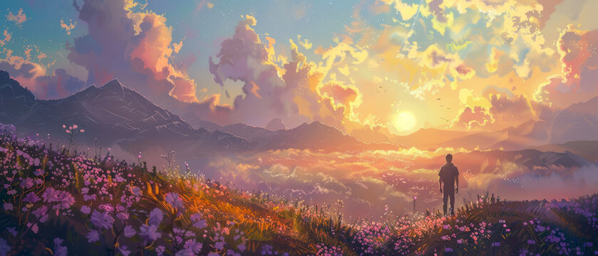 A Man Is Walking Through A Field Of Flowers With A Beautiful Sunset In The Background