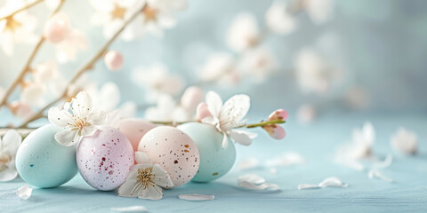 Pastel-painted Easter eggs amidst delicate cherry blossoms on a soft blue surface