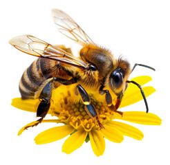Honeybee on vibrant yellow flower on transparent background - stock png.