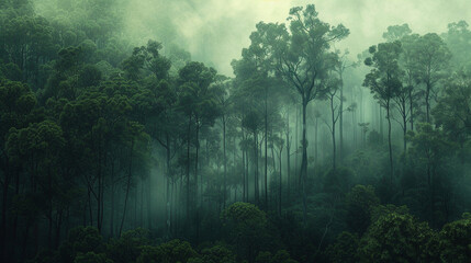 Mystical Fog Enveloping Dense Forest - obrazy, fototapety, plakaty