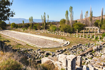 Aphrodisias Agora ruins, column remnants, stone steps, mountains, trees, blue sky. Geyre, Aidyn,...