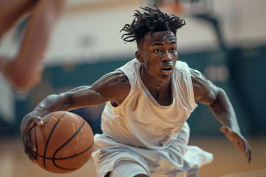 A dynamic snapshot capturing a youthful basketballer skillfully maneuvering the ball on the court.