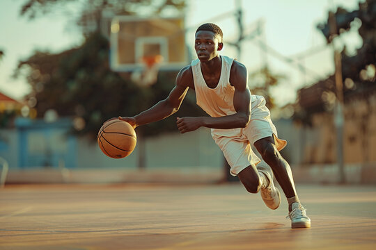 A dynamic snapshot capturing a youthful basketballer skillfully maneuvering the ball on the court.
