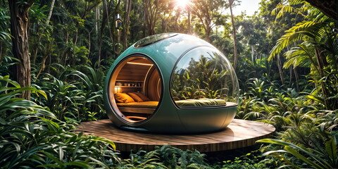 floating pod with a bed inside sits on a wooden platform in the middle of a jungle. - 766925512
