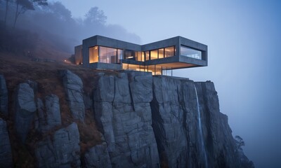modern house on the edge of a cliff is lit up at night. The house is made of concrete and glass. The surrounding area is foggy. - 766925703