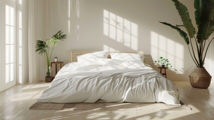Mock up of white bedding on comofortable bed with pillows and blanket modern minimalist interior. Template for prints