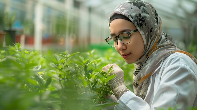 In a lab, a female Asian Muslim scientist self confidently conducts research on plants serious issues and space, Generative AI.