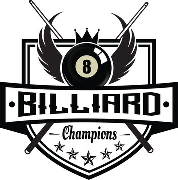 Billiard champions logo design. Billiard club logo template. Billiard cues with  ball wings and crown on white background. Sports logo. 